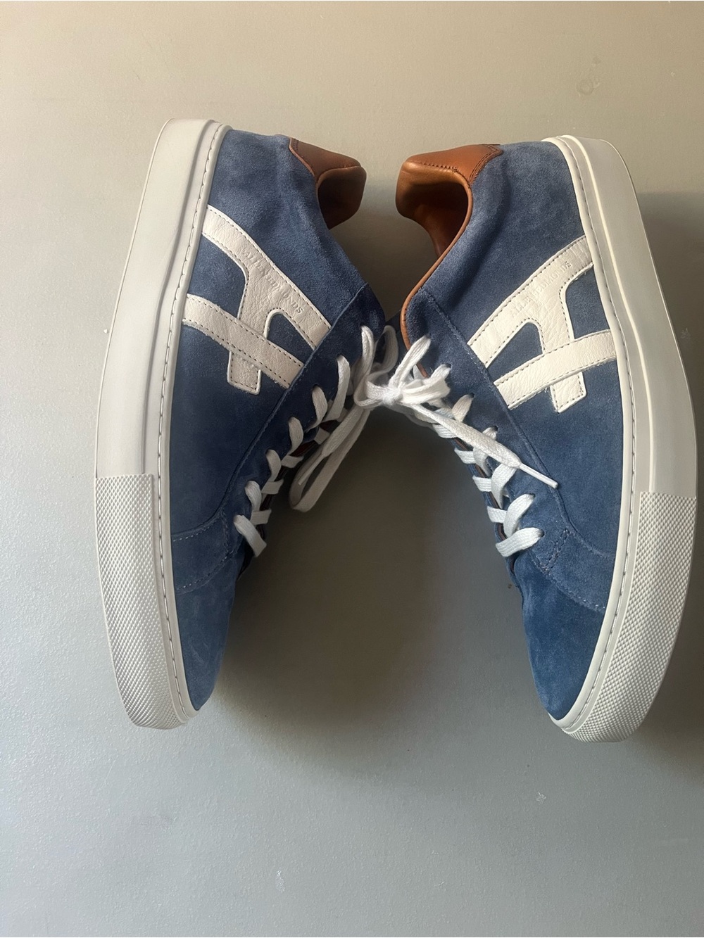 Allen Edmonds Navy Suede Sneakers with White Accents and Tan Lining - Picture 3 of 12